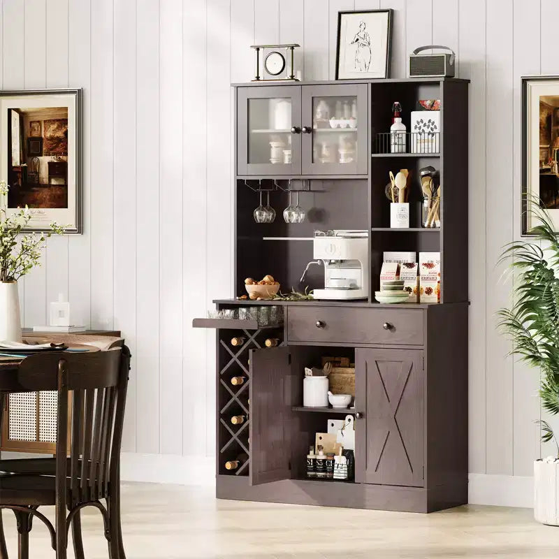 Meuble de Bar à Vin avec Prises de Courant, Armoire de Rangement, Porte-Bouteilles, Buffet de Rangement, Étagère à Micro-Ondes pour Cuisine, Salle à Manger, Salon