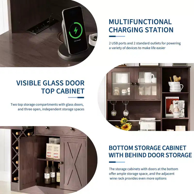 Meuble de Bar à Vin avec Prises de Courant, Armoire de Rangement, Porte-Bouteilles, Buffet de Rangement, Étagère à Micro-Ondes pour Cuisine, Salle à Manger, Salon