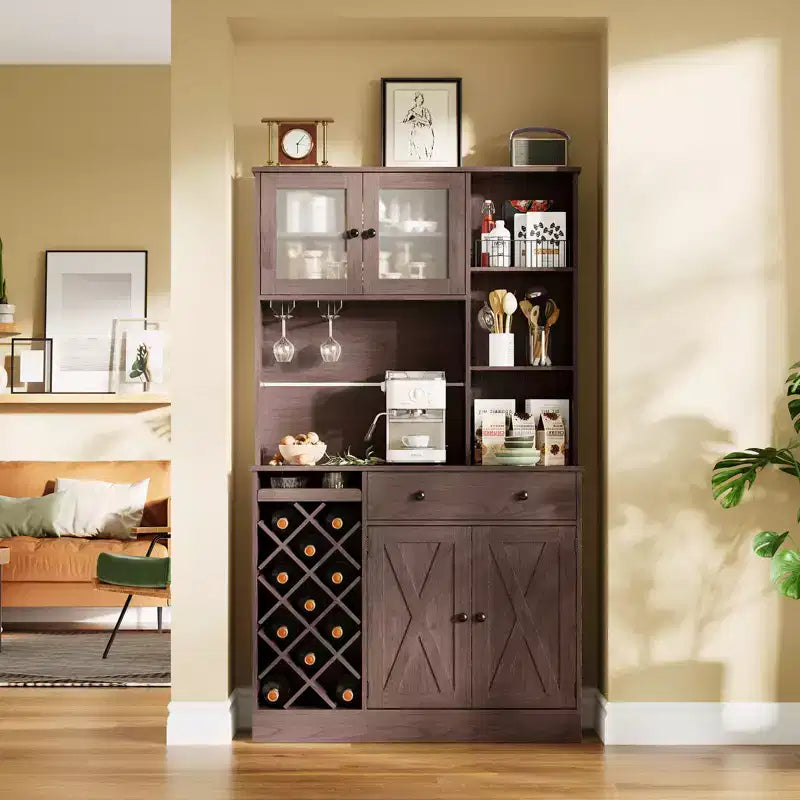 Meuble de Bar à Vin avec Prises de Courant, Armoire de Rangement, Porte-Bouteilles, Buffet de Rangement, Étagère à Micro-Ondes pour Cuisine, Salle à Manger, Salon