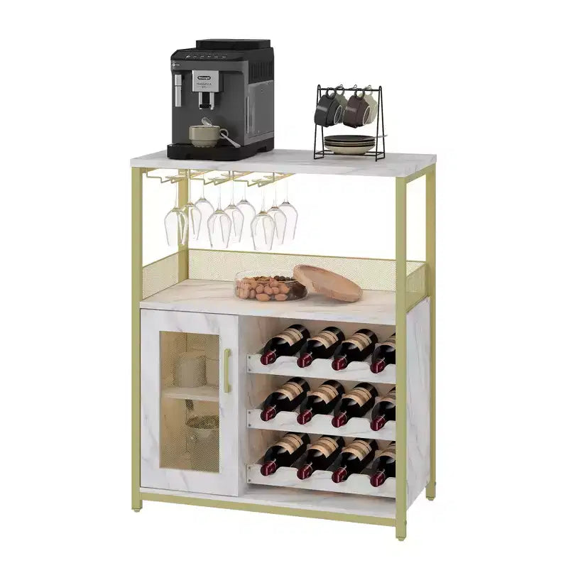 Meuble Bar à Vin Industriel à 3 Niveaux avec Étagères Réglables, Porte-Verres, Porte en Grille – Buffet Vintage pour Cuisine, Salon, Salle à Manger