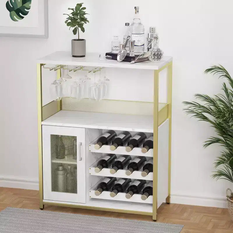 Meuble Bar à Vin Industriel à 3 Niveaux avec Étagères Réglables, Porte-Verres, Porte en Grille – Buffet Vintage pour Cuisine, Salon, Salle à Manger