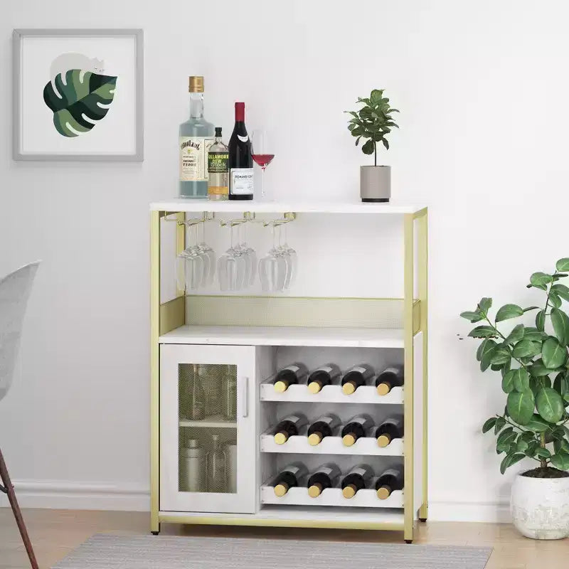 Meuble Bar à Vin Industriel à 3 Niveaux avec Étagères Réglables, Porte-Verres, Porte en Grille – Buffet Vintage pour Cuisine, Salon, Salle à Manger