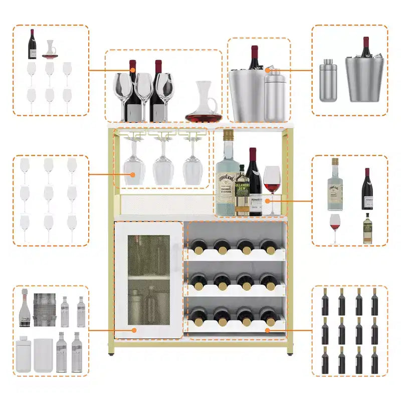 Meuble Bar à Vin Industriel à 3 Niveaux avec Étagères Réglables, Porte-Verres, Porte en Grille – Buffet Vintage pour Cuisine, Salon, Salle à Manger