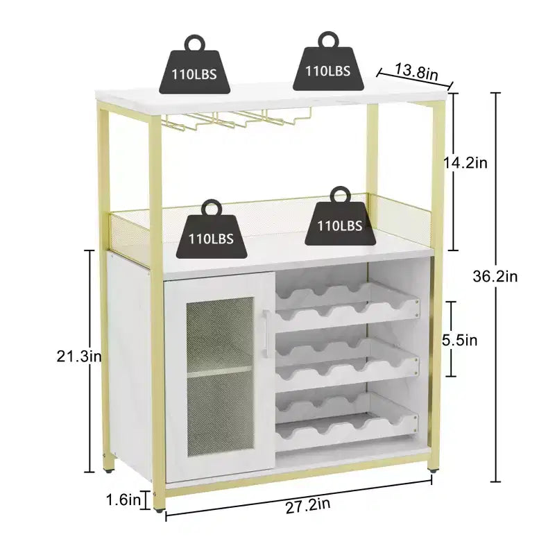 Meuble Bar à Vin Industriel à 3 Niveaux avec Étagères Réglables, Porte-Verres, Porte en Grille – Buffet Vintage pour Cuisine, Salon, Salle à Manger