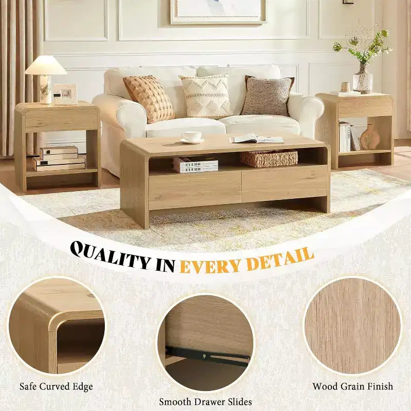 AMERLIFE Ensemble de 3 tables de salon avec tiroirs de rangement, table basse et 2 tables d'appoint
