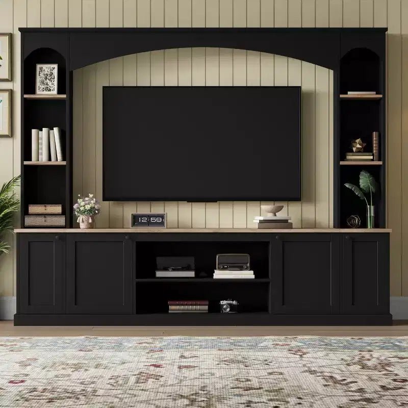 Clihome Arched Entertainment Center Wall Unit with Bookshelf and Adjustable Shelves for Living Room