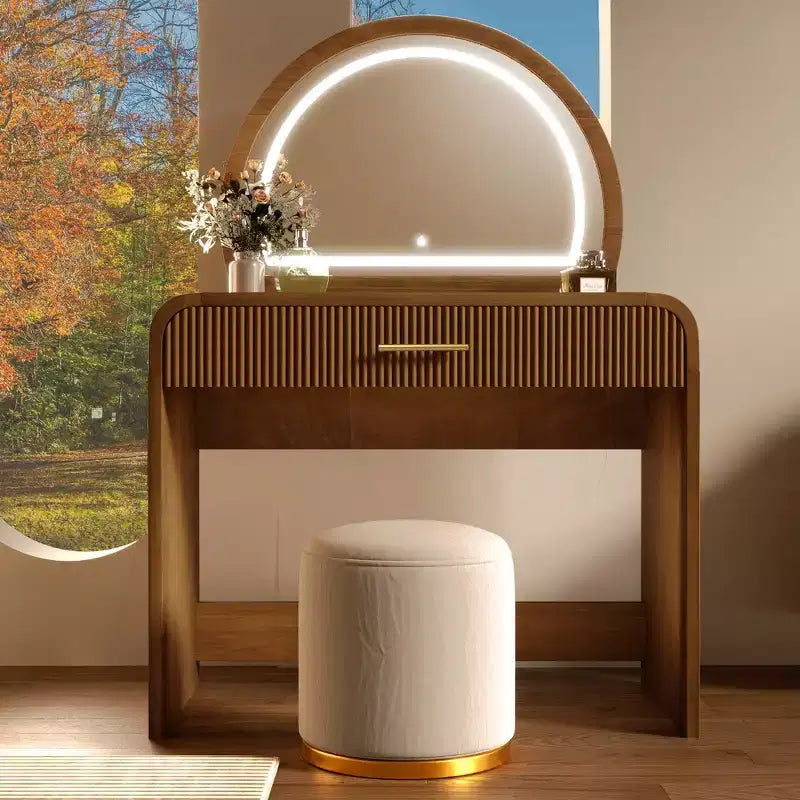 JVNOXK Coiffeuse texturée ondulée de 99 cm avec écran tactile et éclairage LED intégré, dotée d'un tiroir, idéale pour les chambres, couleur expresso