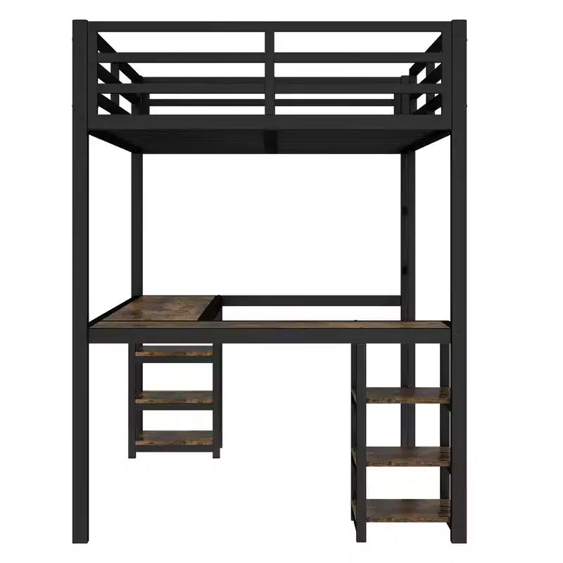 Lit mezzanine simple XL en métal Bellemave avec bureau et étagères, lit mezzanine avec échelle et garde-corps, cadre de lit mezzanine pour chambre, noir