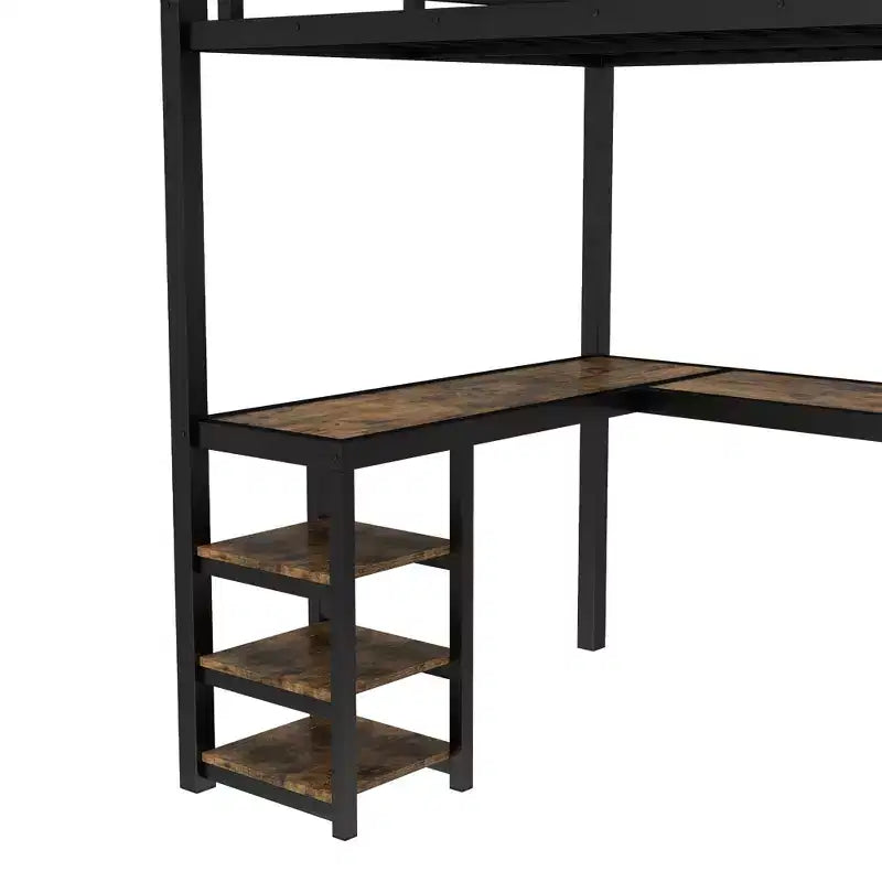 Lit mezzanine simple XL en métal Bellemave avec bureau et étagères, lit mezzanine avec échelle et garde-corps, cadre de lit mezzanine pour chambre, noir