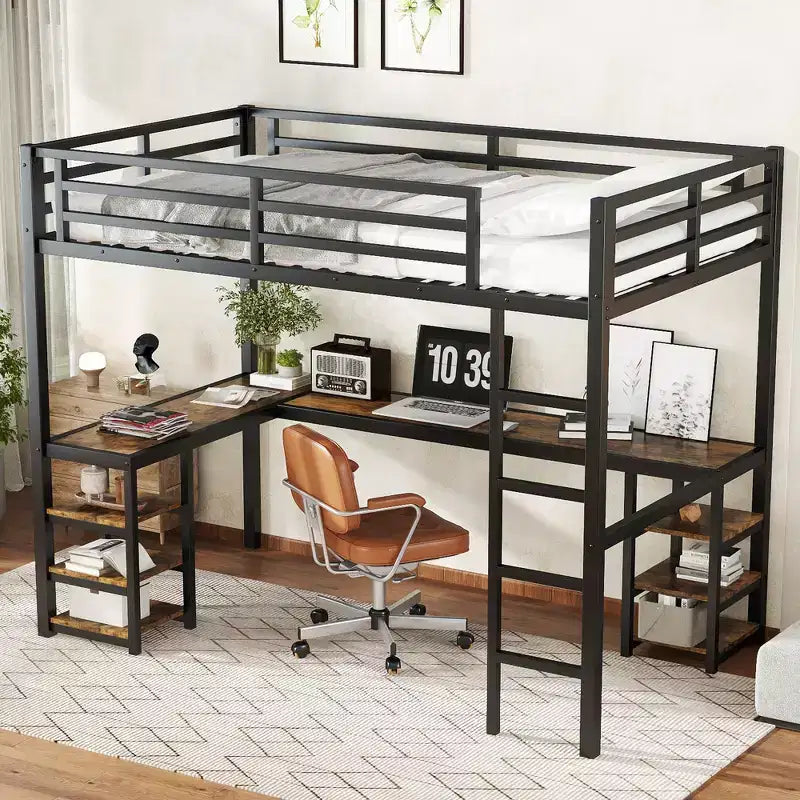 Lit mezzanine simple XL en métal Bellemave avec bureau et étagères, lit mezzanine avec échelle et garde-corps, cadre de lit mezzanine pour chambre, noir