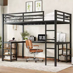 Lit mezzanine simple XL en métal Bellemave avec bureau et étagères, lit mezzanine avec échelle et garde-corps, cadre de lit mezzanine pour chambre, noir