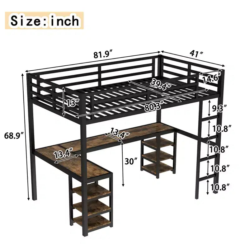 Lit mezzanine simple XL en métal Bellemave avec bureau et étagères, lit mezzanine avec échelle et garde-corps, cadre de lit mezzanine pour chambre, noir