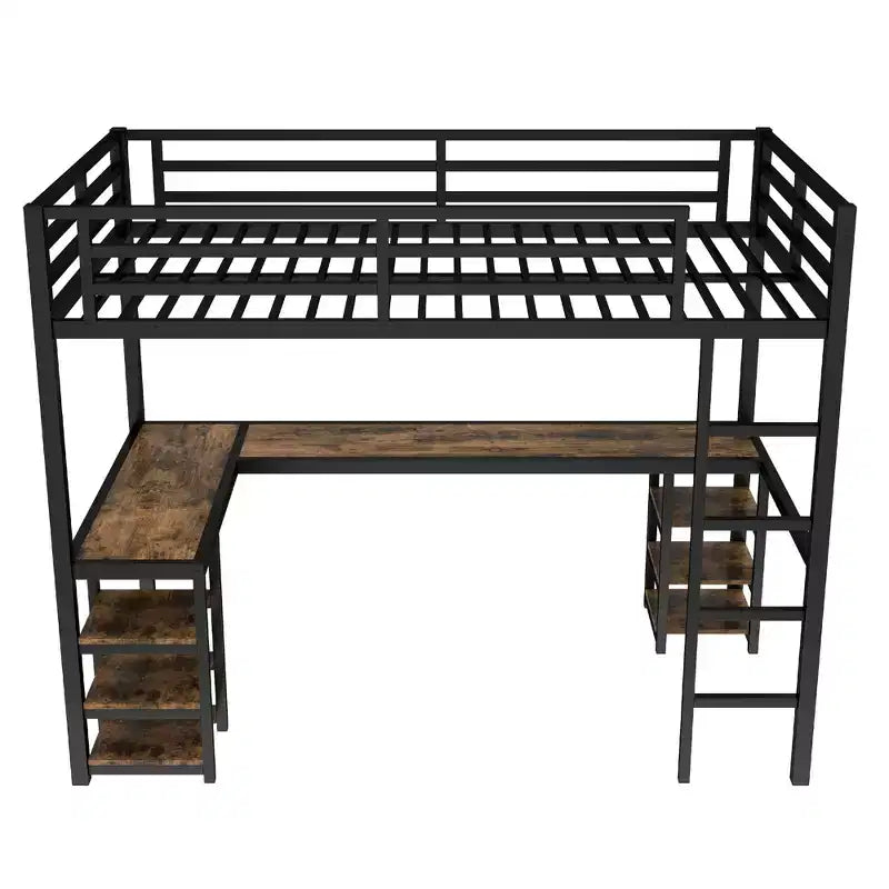 Lit mezzanine simple XL en métal Bellemave avec bureau et étagères, lit mezzanine avec échelle et garde-corps, cadre de lit mezzanine pour chambre, noir