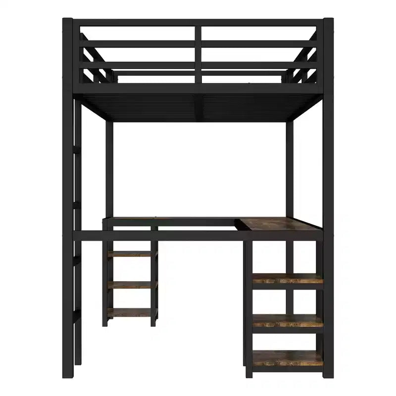 Lit mezzanine simple XL en métal Bellemave avec bureau et étagères, lit mezzanine avec échelle et garde-corps, cadre de lit mezzanine pour chambre, noir