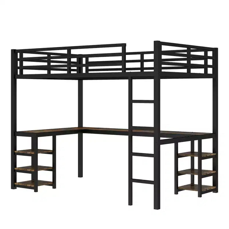 Lit mezzanine simple XL en métal Bellemave avec bureau et étagères, lit mezzanine avec échelle et garde-corps, cadre de lit mezzanine pour chambre, noir