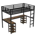 Lit mezzanine simple XL en métal Bellemave avec bureau et étagères, lit mezzanine avec échelle et garde-corps, cadre de lit mezzanine pour chambre, noir