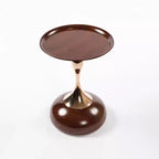 VIYET 21 Mermaid Tail Round End Table, Art Deco Metal Pedestal Accent Table, Minimalist Tray-Style Side Table for Small Spaces (Walnut Brown)