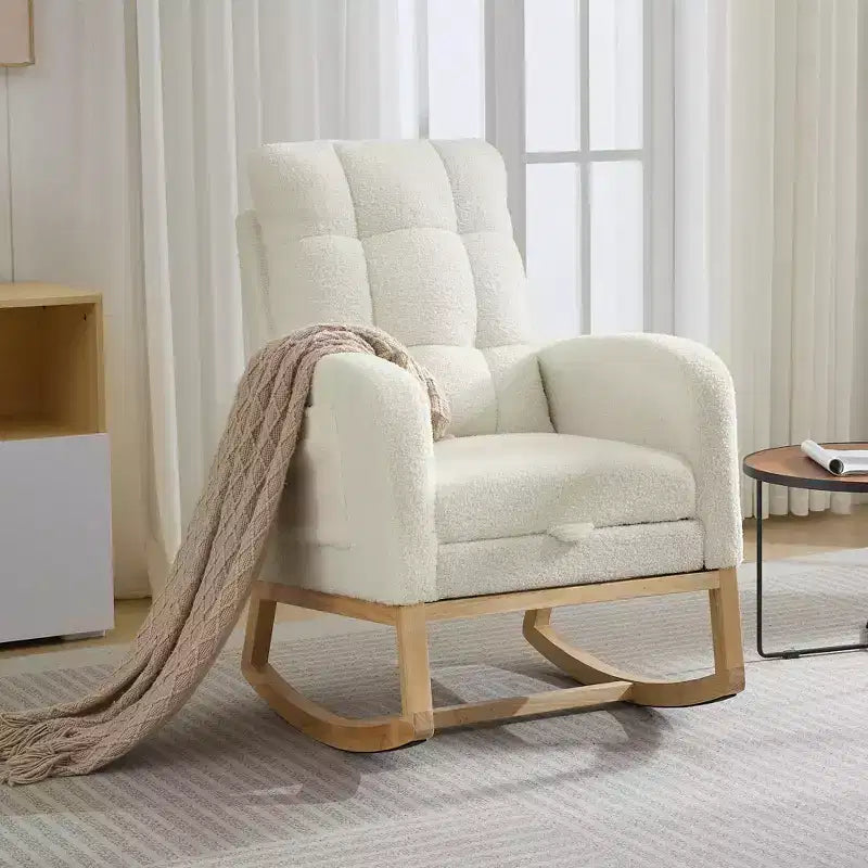 Fauteuil à bascule moderne pour chambre d'enfant, Fauteuil à bascule confortable avec pochette latérale, repose-pieds, Fauteuil à bascule rembourré de style Mid-Century pour salon, chambre à coucher