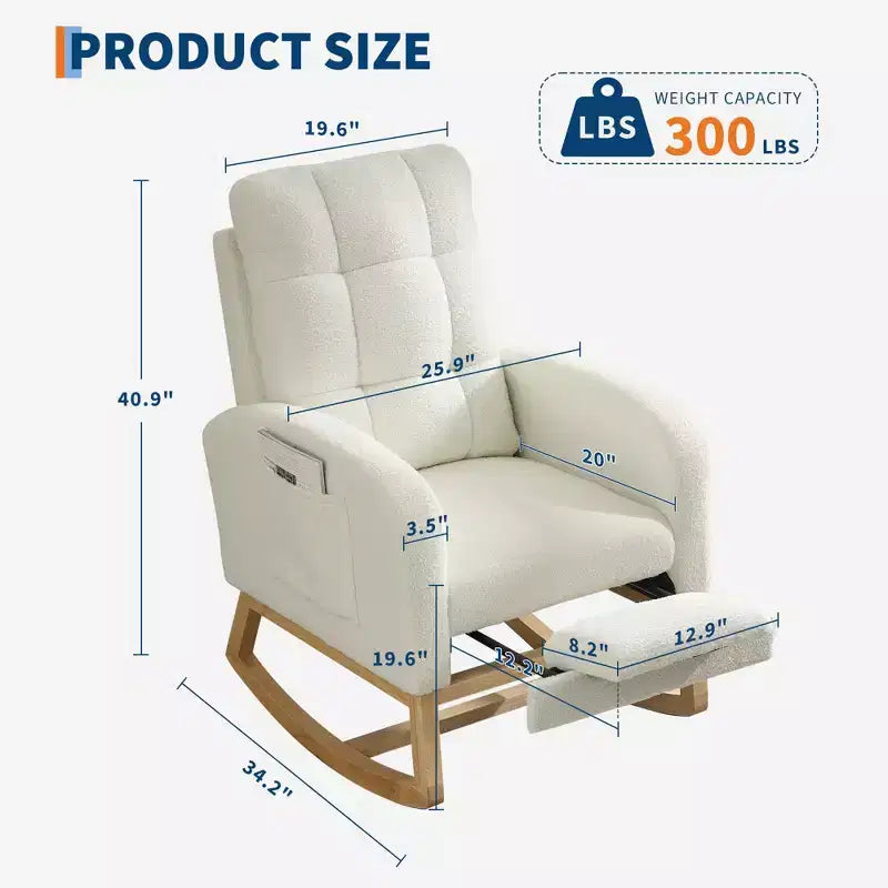 Fauteuil à bascule moderne pour chambre d'enfant, Fauteuil à bascule confortable avec pochette latérale, repose-pieds, Fauteuil à bascule rembourré de style Mid-Century pour salon, chambre à coucher