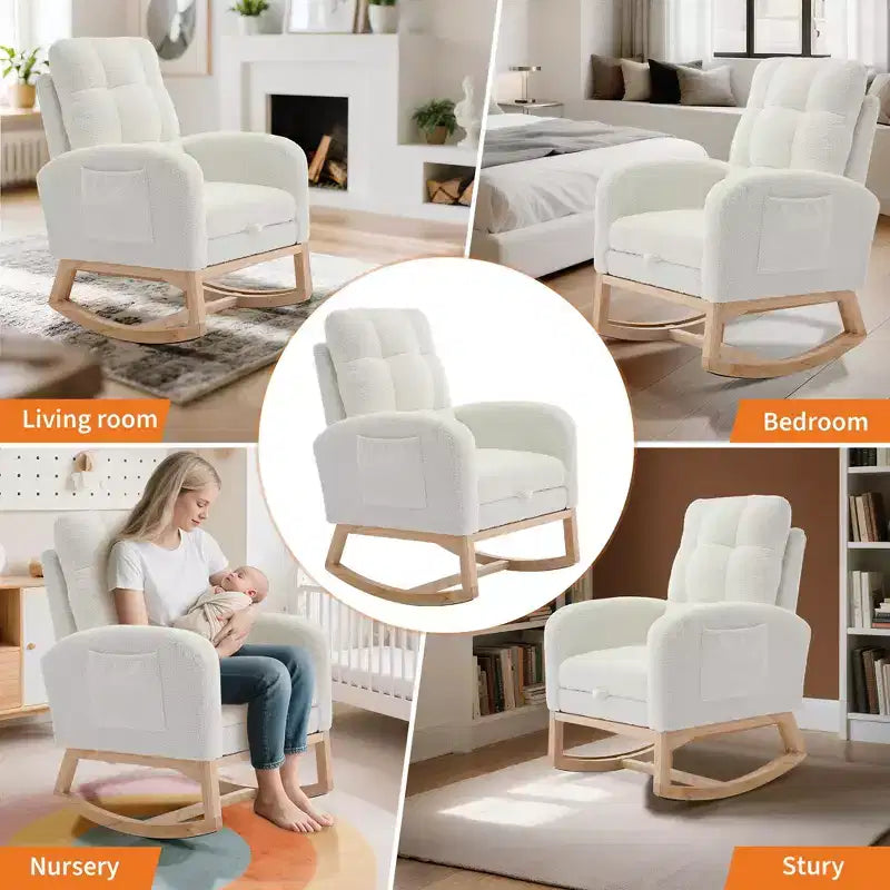 Fauteuil à bascule moderne pour chambre d'enfant, Fauteuil à bascule confortable avec pochette latérale, repose-pieds, Fauteuil à bascule rembourré de style Mid-Century pour salon, chambre à coucher