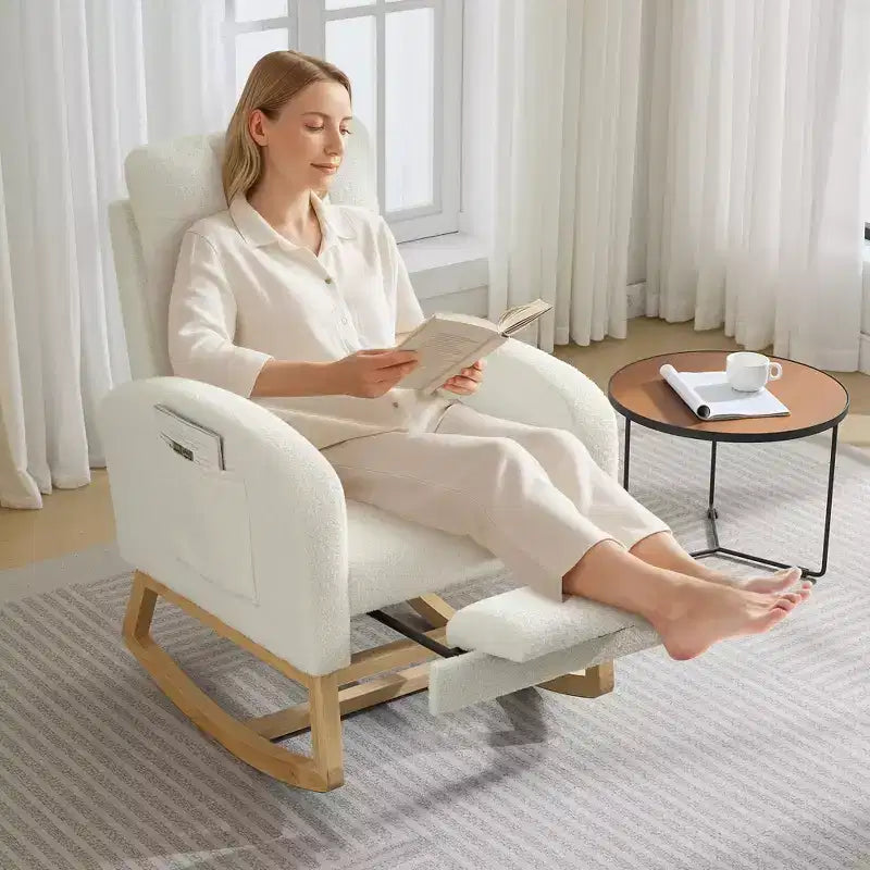 Fauteuil à bascule moderne pour chambre d'enfant, Fauteuil à bascule confortable avec pochette latérale, repose-pieds, Fauteuil à bascule rembourré de style Mid-Century pour salon, chambre à coucher