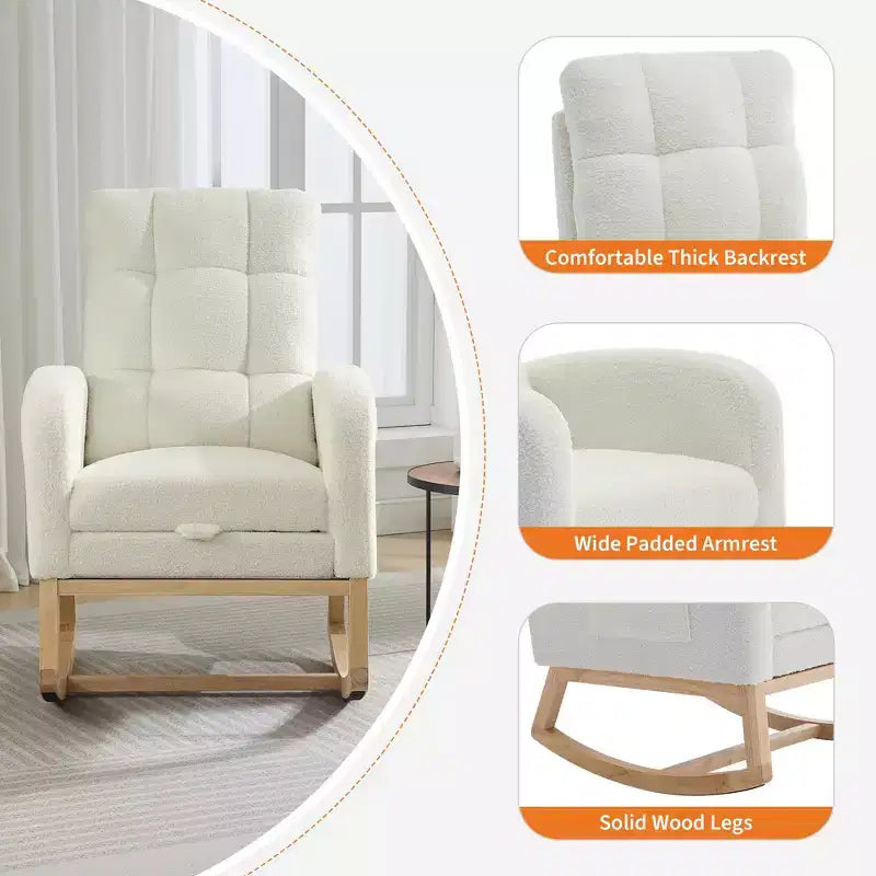Fauteuil à bascule moderne pour chambre d'enfant, Fauteuil à bascule confortable avec pochette latérale, repose-pieds, Fauteuil à bascule rembourré de style Mid-Century pour salon, chambre à coucher