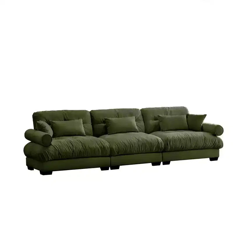 MAYEERTY Canapé moderne extra large 3 places en velours, soutien confortable pour le dos et l'assise, avec coussins lombaires et coussins décoratifs, vert olive