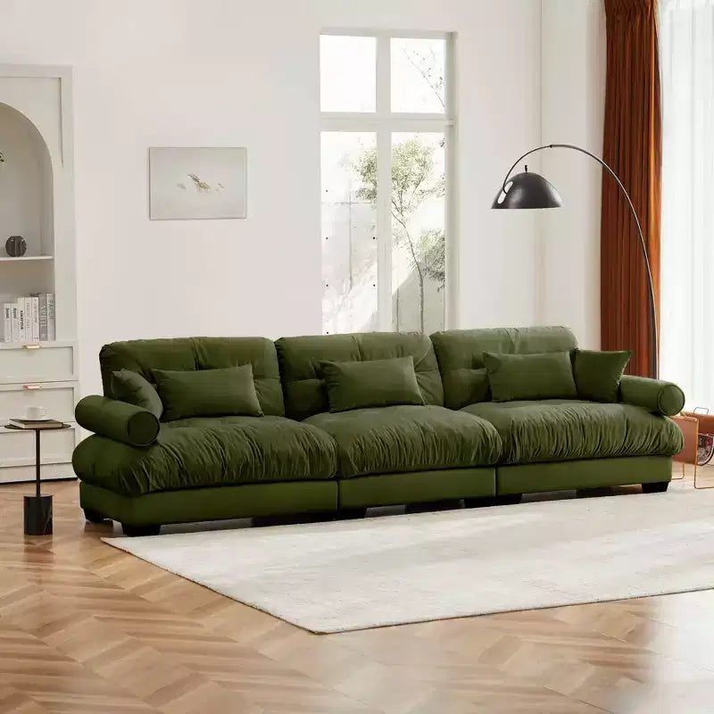MAYEERTY Canapé moderne extra large 3 places en velours, soutien confortable pour le dos et l'assise, avec coussins lombaires et coussins décoratifs, vert olive