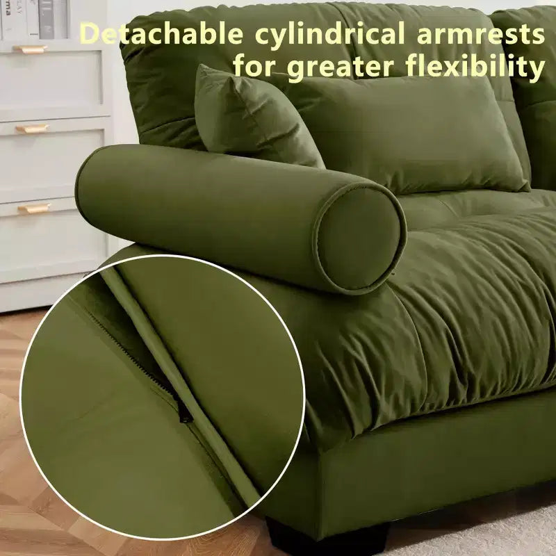 MAYEERTY Canapé moderne extra large 3 places en velours, soutien confortable pour le dos et l'assise, avec coussins lombaires et coussins décoratifs, vert olive