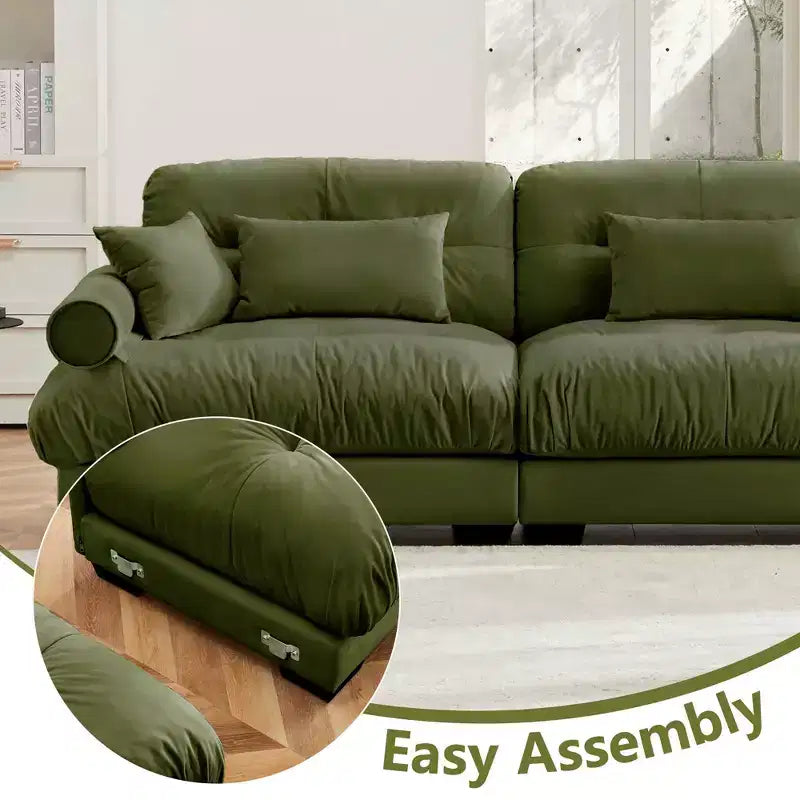 MAYEERTY Canapé moderne extra large 3 places en velours, soutien confortable pour le dos et l'assise, avec coussins lombaires et coussins décoratifs, vert olive
