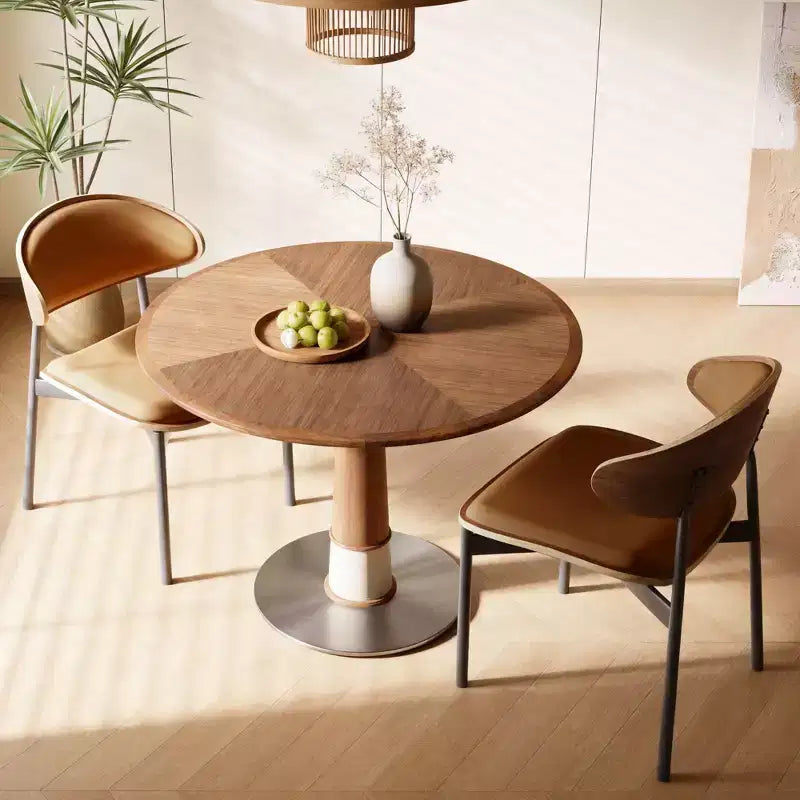 Table à manger ronde 47,24 po, base en acier inoxydable, plateau en bois, table de cuisine à pied central pour 4 personnes, bureau circulaire moderne Gaoyangjiaju