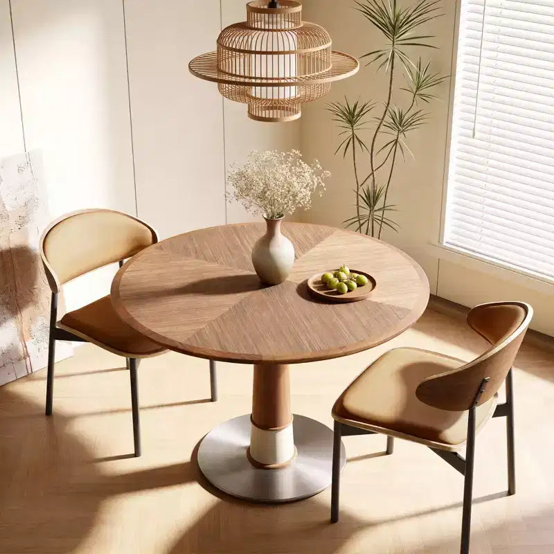 Table à manger ronde 47,24 po, base en acier inoxydable, plateau en bois, table de cuisine à pied central pour 4 personnes, bureau circulaire moderne Gaoyangjiaju