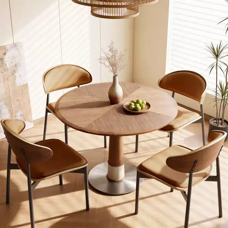 Table à manger ronde 47,24 po, base en acier inoxydable, plateau en bois, table de cuisine à pied central pour 4 personnes, bureau circulaire moderne Gaoyangjiaju