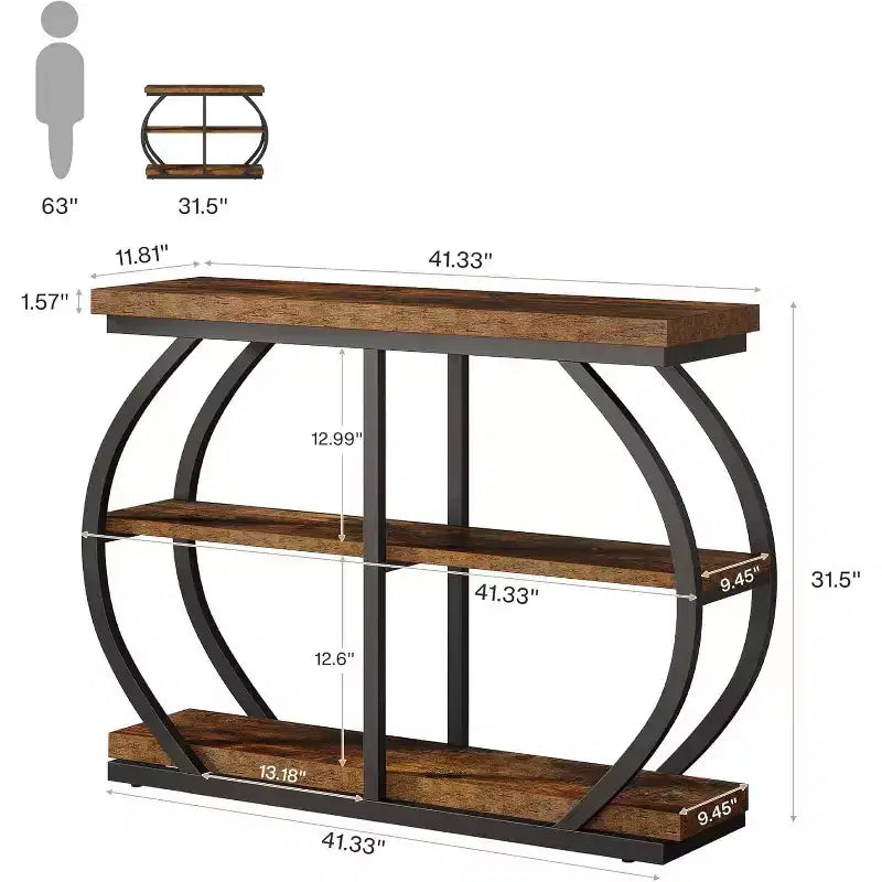 Console Lantine 41.3, Table d'entrée industrielle à 3 niveaux avec cadre métallique arqué et étagères de rangement pour salon, couloir, Marron rustique