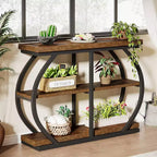 Console Lantine 41.3, Table d'entrée industrielle à 3 niveaux avec cadre métallique arqué et étagères de rangement pour salon, couloir, Marron rustique