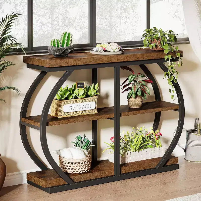 Console Lantine 41.3, Table d'entrée industrielle à 3 niveaux avec cadre métallique arqué et étagères de rangement pour salon, couloir, Marron rustique