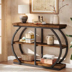 Console Lantine 41.3, Table d'entrée industrielle à 3 niveaux avec cadre métallique arqué et étagères de rangement pour salon, couloir, Marron rustique