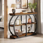 Console Lantine 41.3, Table d'entrée industrielle à 3 niveaux avec cadre métallique arqué et étagères de rangement pour salon, couloir, Marron rustique