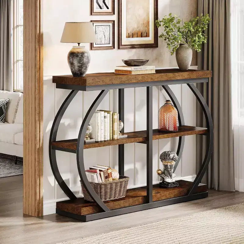 Console Lantine 41.3, Table d'entrée industrielle à 3 niveaux avec cadre métallique arqué et étagères de rangement pour salon, couloir, Marron rustique