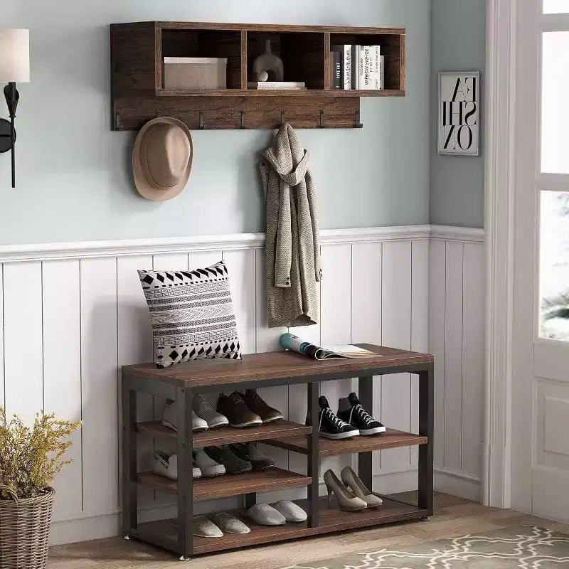 Ensemble Lantine Banc porte-chaussures industriel avec porte-manteau, 3 compartiments de rangement et 7 crochets pour entrée, couloir, design 5-en-1, marron rustique