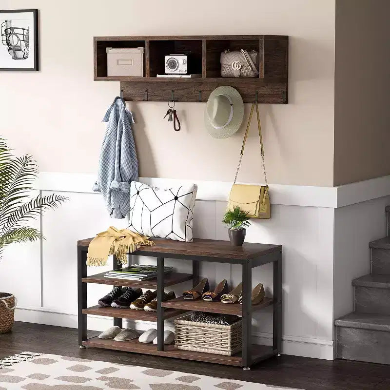 Ensemble Lantine Banc porte-chaussures industriel avec porte-manteau, 3 compartiments de rangement et 7 crochets pour entrée, couloir, design 5-en-1, marron rustique