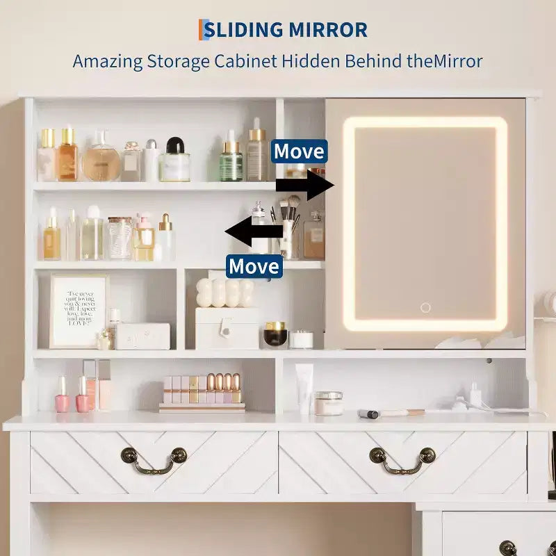 Coiffeuse Blanche avec Miroir Coulissant et Lumières, Table de Maquillage avec Tabouret, Station de Charge, Rangement et Support pour Sèche-Cheveux