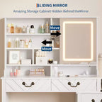 Coiffeuse Blanche avec Miroir Coulissant et Lumières, Table de Maquillage avec Tabouret, Station de Charge, Rangement et Support pour Sèche-Cheveux