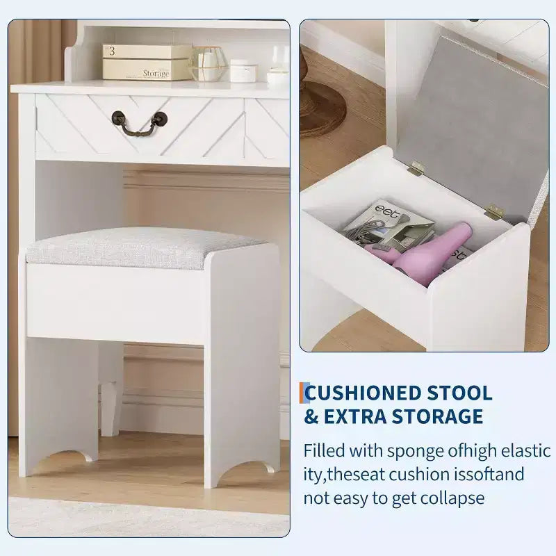 Coiffeuse Blanche avec Miroir Coulissant et Lumières, Table de Maquillage avec Tabouret, Station de Charge, Rangement et Support pour Sèche-Cheveux