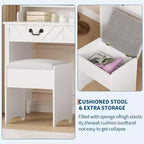 Coiffeuse Blanche avec Miroir Coulissant et Lumières, Table de Maquillage avec Tabouret, Station de Charge, Rangement et Support pour Sèche-Cheveux