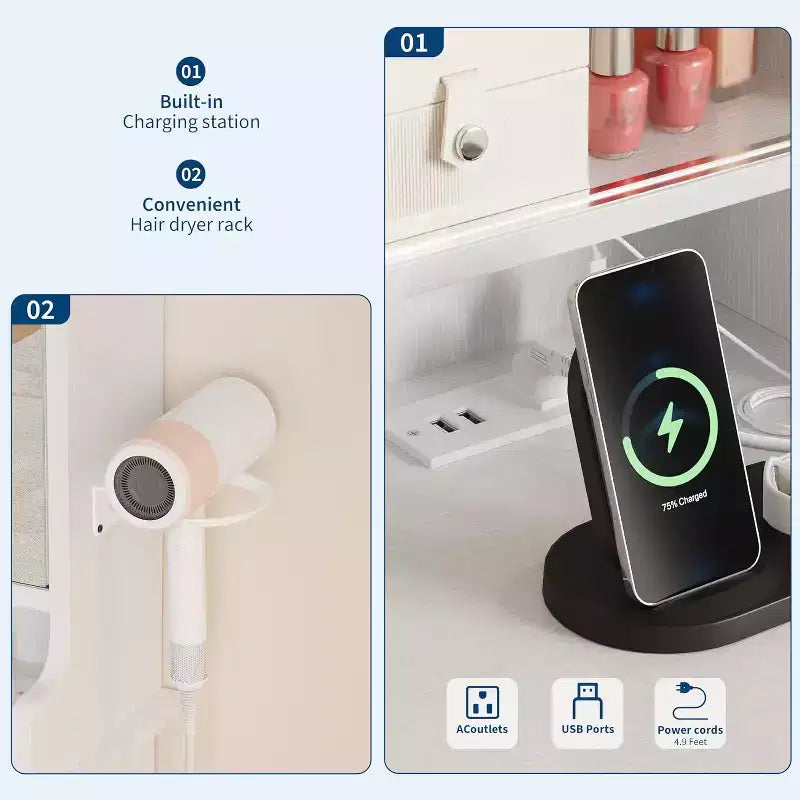 Coiffeuse Blanche avec Miroir Coulissant et Lumières, Table de Maquillage avec Tabouret, Station de Charge, Rangement et Support pour Sèche-Cheveux