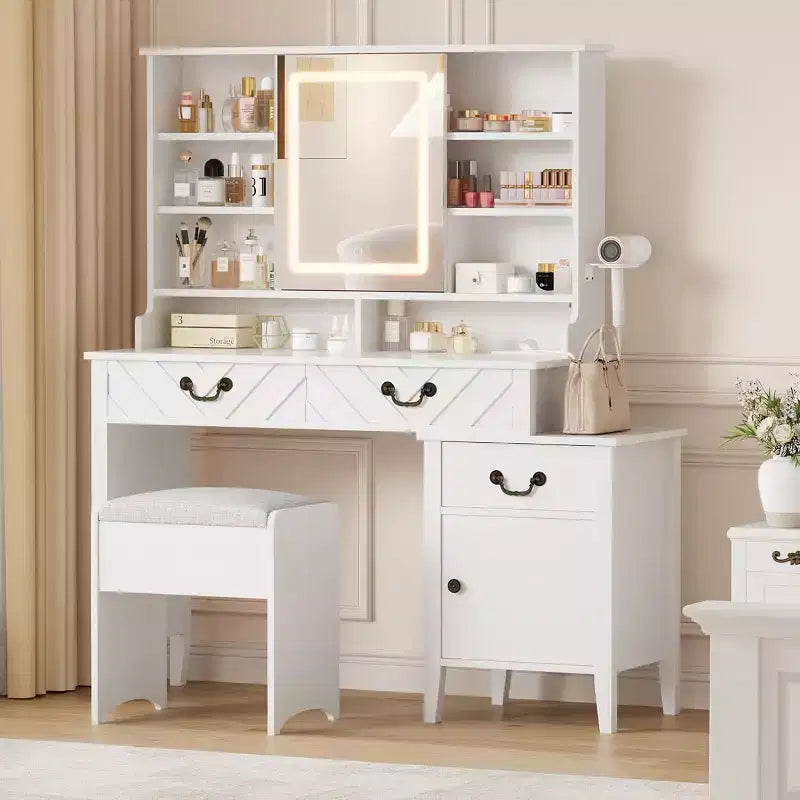 Coiffeuse Blanche avec Miroir Coulissant et Lumières, Table de Maquillage avec Tabouret, Station de Charge, Rangement et Support pour Sèche-Cheveux