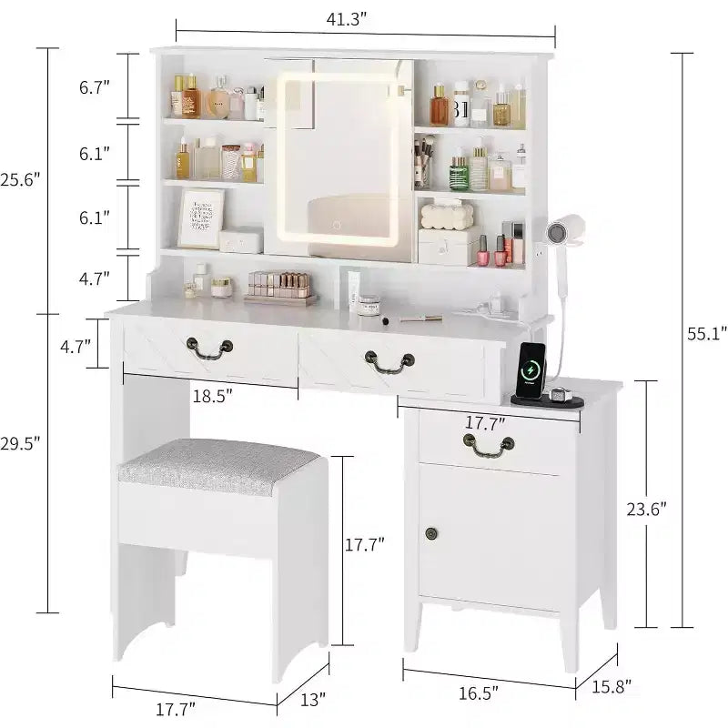 Coiffeuse Blanche avec Miroir Coulissant et Lumières, Table de Maquillage avec Tabouret, Station de Charge, Rangement et Support pour Sèche-Cheveux