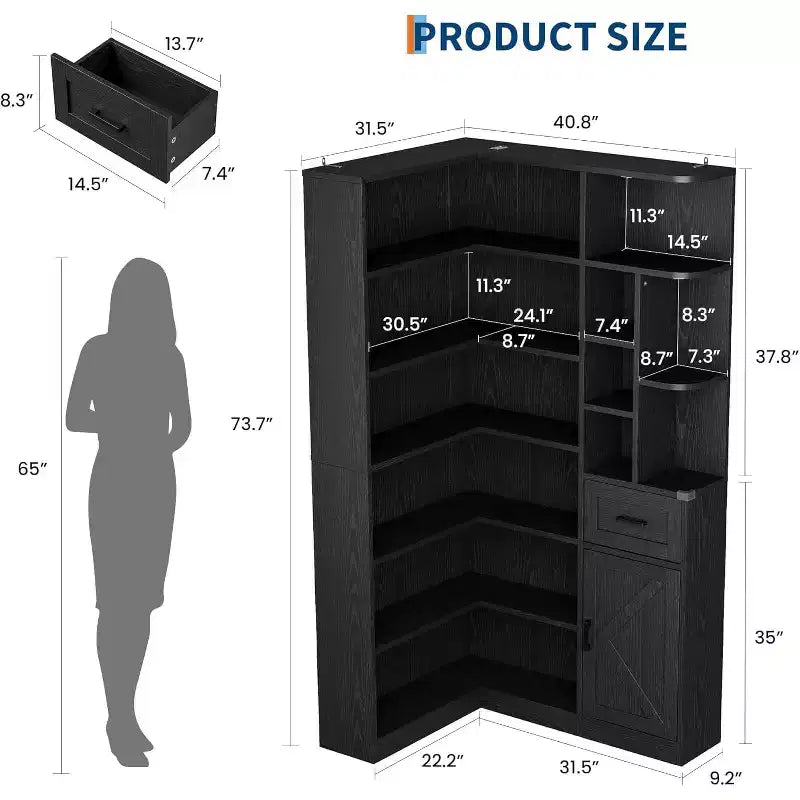 Bibliothèque d'angle haute de 74 po avec 6 étagères ouvertes, tiroir et armoires, étagère de rangement moderne en forme de L pour le salon, le bureau ou la chambre à coucher