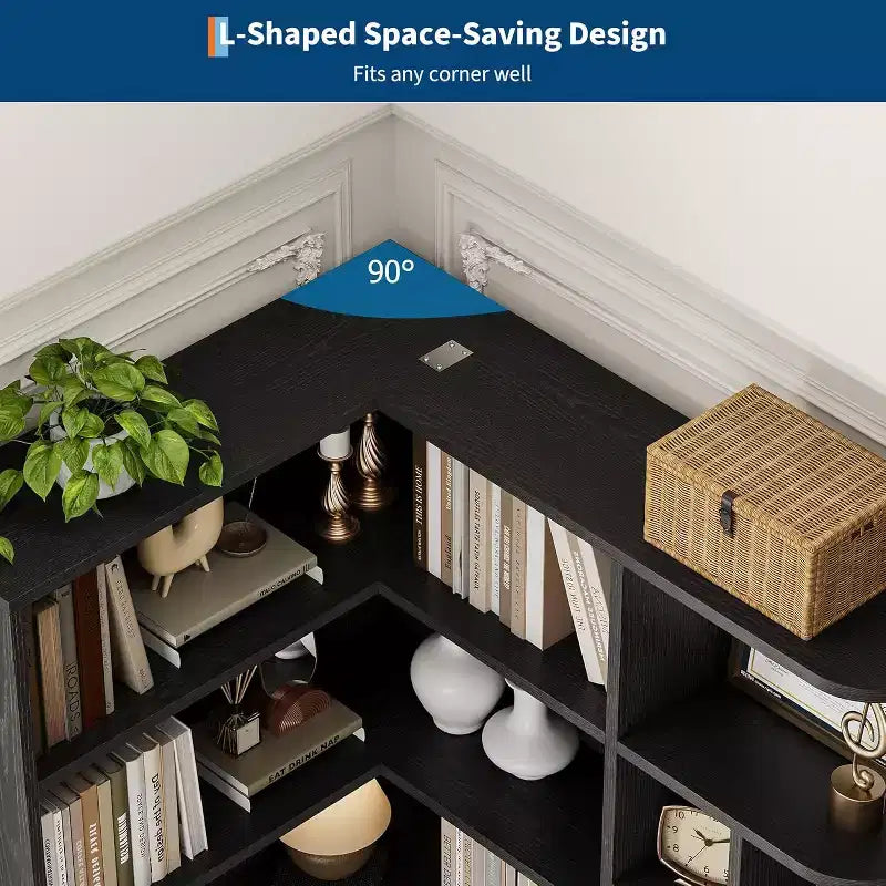 Bibliothèque d'angle haute de 74 po avec 6 étagères ouvertes, tiroir et armoires, étagère de rangement moderne en forme de L pour le salon, le bureau ou la chambre à coucher